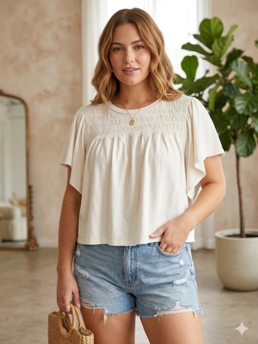 Arula Cream Smocked Yoke Flutter Sleeve Top Size X (L/XL) 100% Cotton